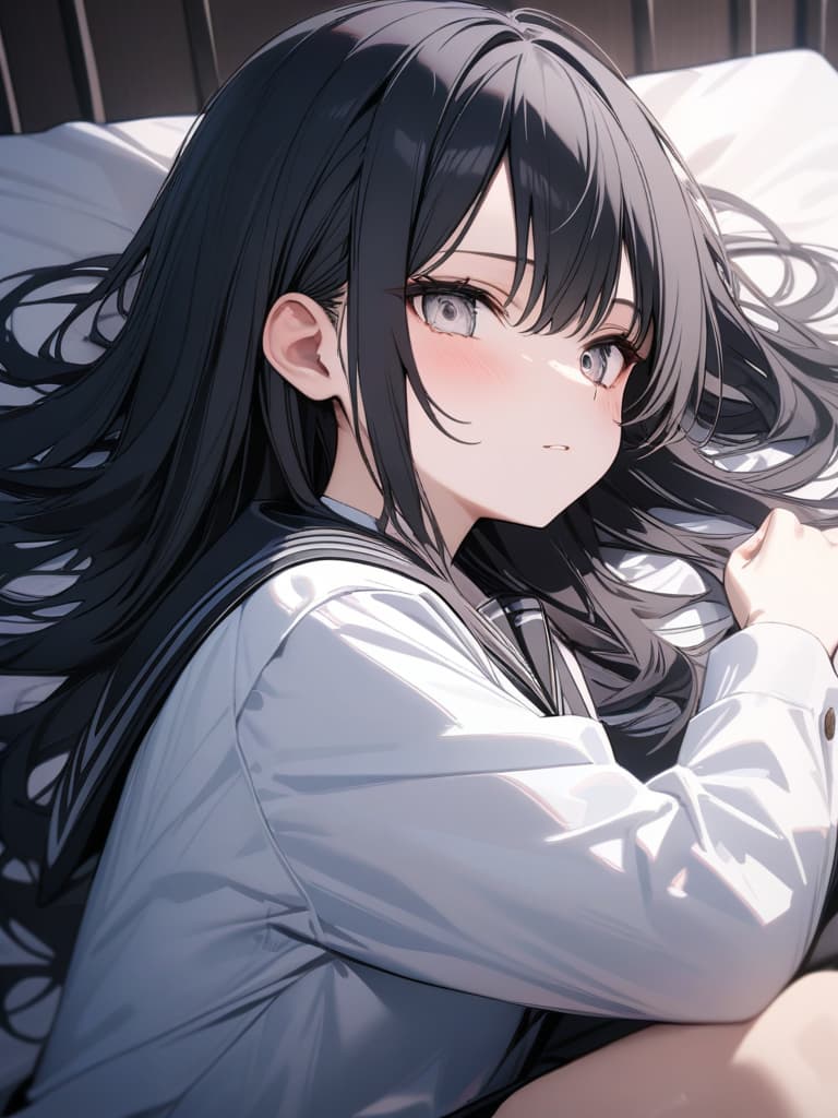  Cute, , young face, big eye, big s, black hair, straight hair, white eyes, uniform, , medium, black clothes, black sailor clothes, shelled, bed, masterpiece, best quality,8k,ultra detailed,high resolution,an extremely delicate and beautiful,hyper detail