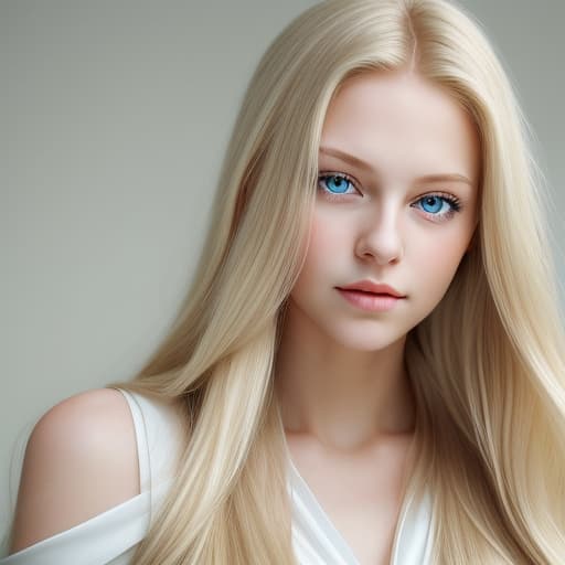  Portrait of a young woman with long blond flowing hair and soft, small blue eyes in a v-neck white dress Elegant