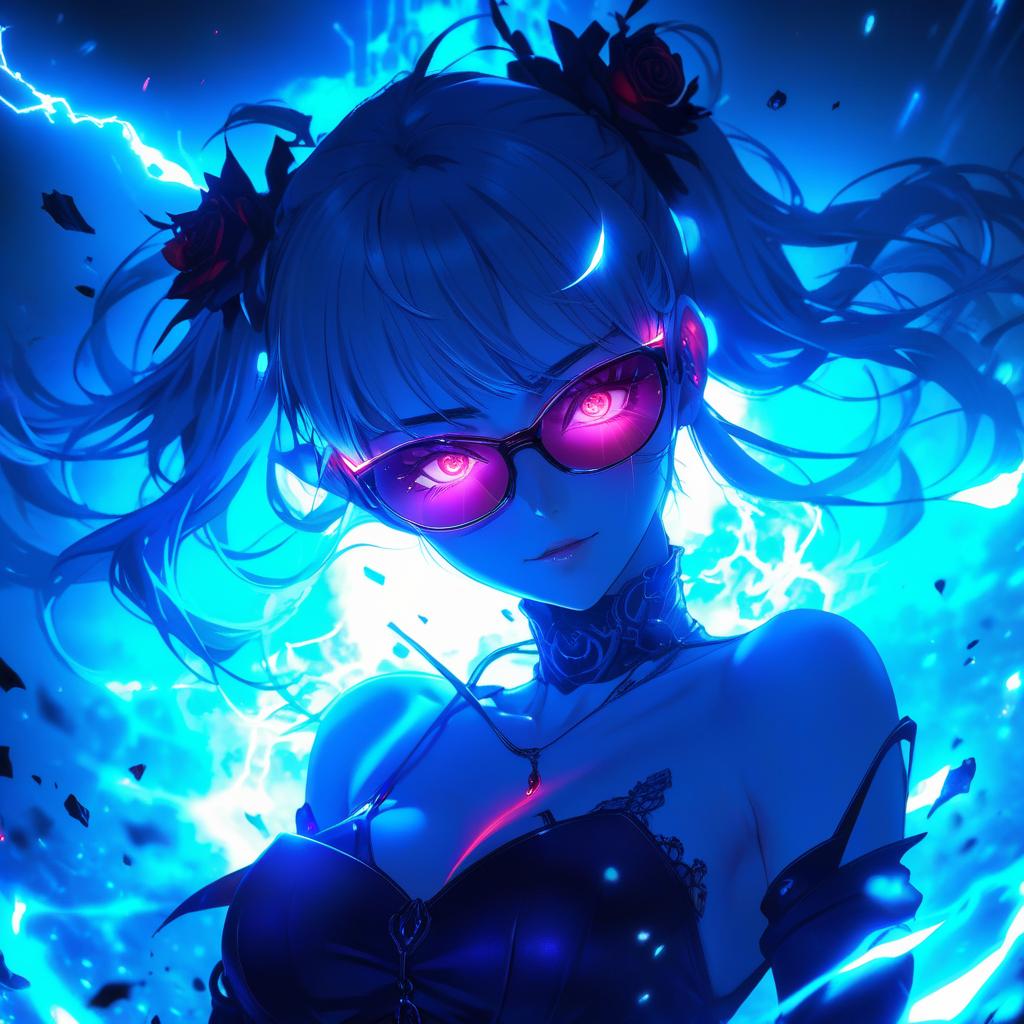  a close up of a person with glasses on, metal ears and glowing eyes, anime epic artwork, neon blue color, ar 16:9, emitting evil red aura, like matrix, woman with rose tinted glasses, blade and soul, planetes, rage, e girl, radiating power hyperrealistic, full body, detailed clothing, highly detailed, cinematic lighting, stunningly beautiful, intricate, sharp focus, f/1. 8, 85mm, (centered image composition), (professionally color graded), ((bright soft diffused light)), volumetric fog, trending on instagram, trending on tumblr, HDR 4K, 8K