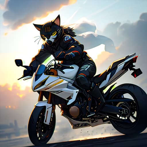  (Cat riding motobike), anime, highly detailed, 4k, high quality, trending on art station hyperrealistic, full body, detailed clothing, highly detailed, cinematic lighting, stunningly beautiful, intricate, sharp focus, f/1. 8, 85mm, (centered image composition), (professionally color graded), ((bright soft diffused light)), volumetric fog, trending on instagram, trending on tumblr, HDR 4K, 8K