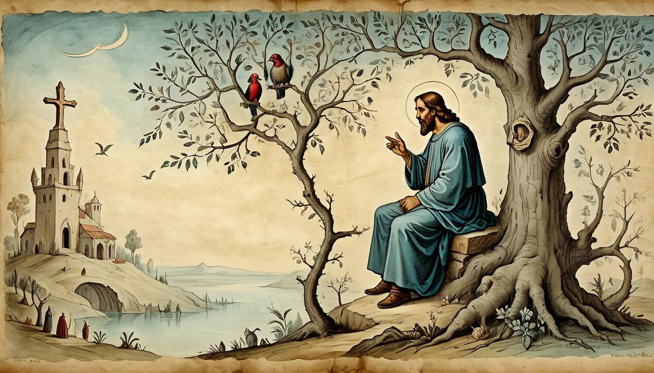  on parchment, surrealism+++, Man perched on tree, gazing intensely at Jesus, historical figures, sense of longing, pursuit of insight, fascination(mysterious, provocative, symbolic,muted color)+++