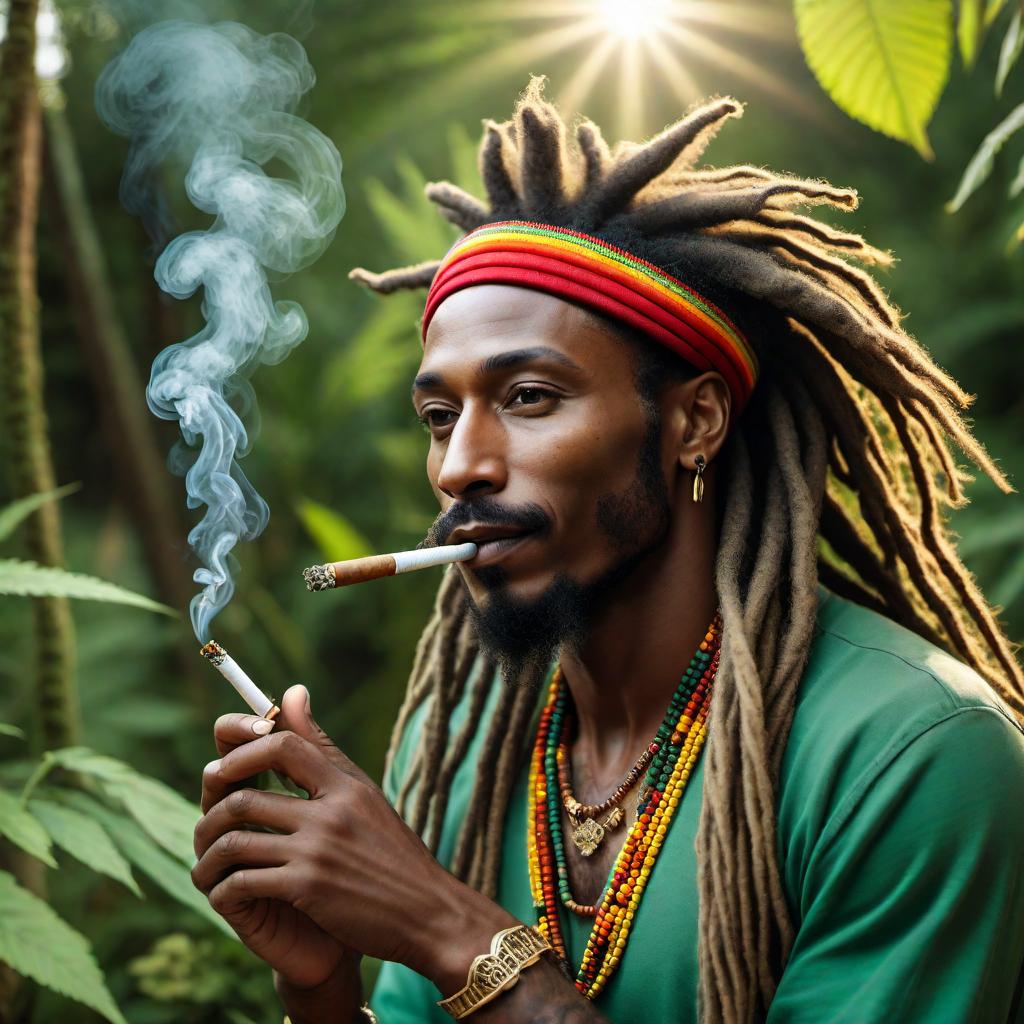  A cartoon illustration of a Rastafarian person with dreadlocks, wearing a colorful hat, and happily smoking a joint of marijuana in a peaceful outdoor setting. hyperrealistic, full body, detailed clothing, highly detailed, cinematic lighting, stunningly beautiful, intricate, sharp focus, f/1. 8, 85mm, (centered image composition), (professionally color graded), ((bright soft diffused light)), volumetric fog, trending on instagram, trending on tumblr, HDR 4K, 8K