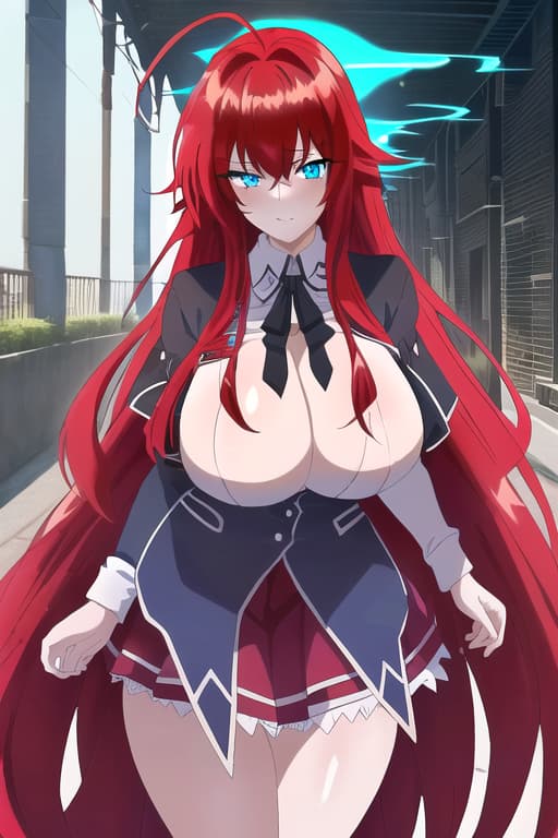  her gigantic getting ed in a short ,masterpiece, best quality, 1women, long red hair, looking at viewer, :3, cute, black uniform, outdoors, streets, cowboy shot, curvy, (((blue eyes))), rias gremory, red hair, antenna hair, wavy hair, ((beautiful detailed eyes, beautiful detailed glow, lots of glow)), anime screencap