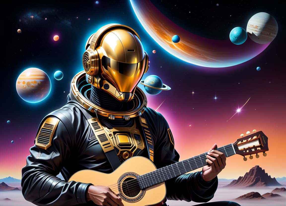  sci fi style Pastel drawing. Classical guitar with clearly defined seven nylon strings. The top is a solid gold color. The neck is black, smooth. There are seven straight metal pegs on the headstock. In the background: space with stars and planets. . futuristic, technological, alien worlds, space themes, advanced civilizations, T SHIRT DESIGN hyperrealistic, full body, detailed clothing, highly detailed, cinematic lighting, stunningly beautiful, intricate, sharp focus, f/1. 8, 85mm, (centered image composition), (professionally color graded), ((bright soft diffused light)), volumetric fog, trending on instagram, trending on tumblr, HDR 4K, 8K