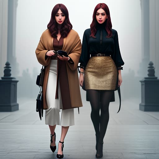  Two women wearing shoes and holding phones in their hands. hyperrealistic, full body, detailed clothing, highly detailed, cinematic lighting, stunningly beautiful, intricate, sharp focus, f/1. 8, 85mm, (centered image composition), (professionally color graded), ((bright soft diffused light)), volumetric fog, trending on instagram, trending on tumblr, HDR 4K, 8K