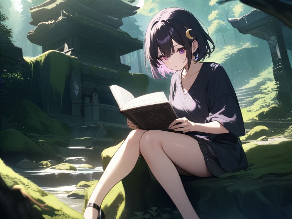  Forest,sunlight filtering through the trees,Mountain stream,moss covered rocks,broken shrine,moss covered building,forest,reading,best quality,beautiful,fantastic,cool girl,Black hair,(purple eyes),short,cropped hair,crescent moon hair ornament,On the stump, masterpiece, best quality,8k,ultra detailed,high resolution,an extremely delicate and beautiful,hyper detail