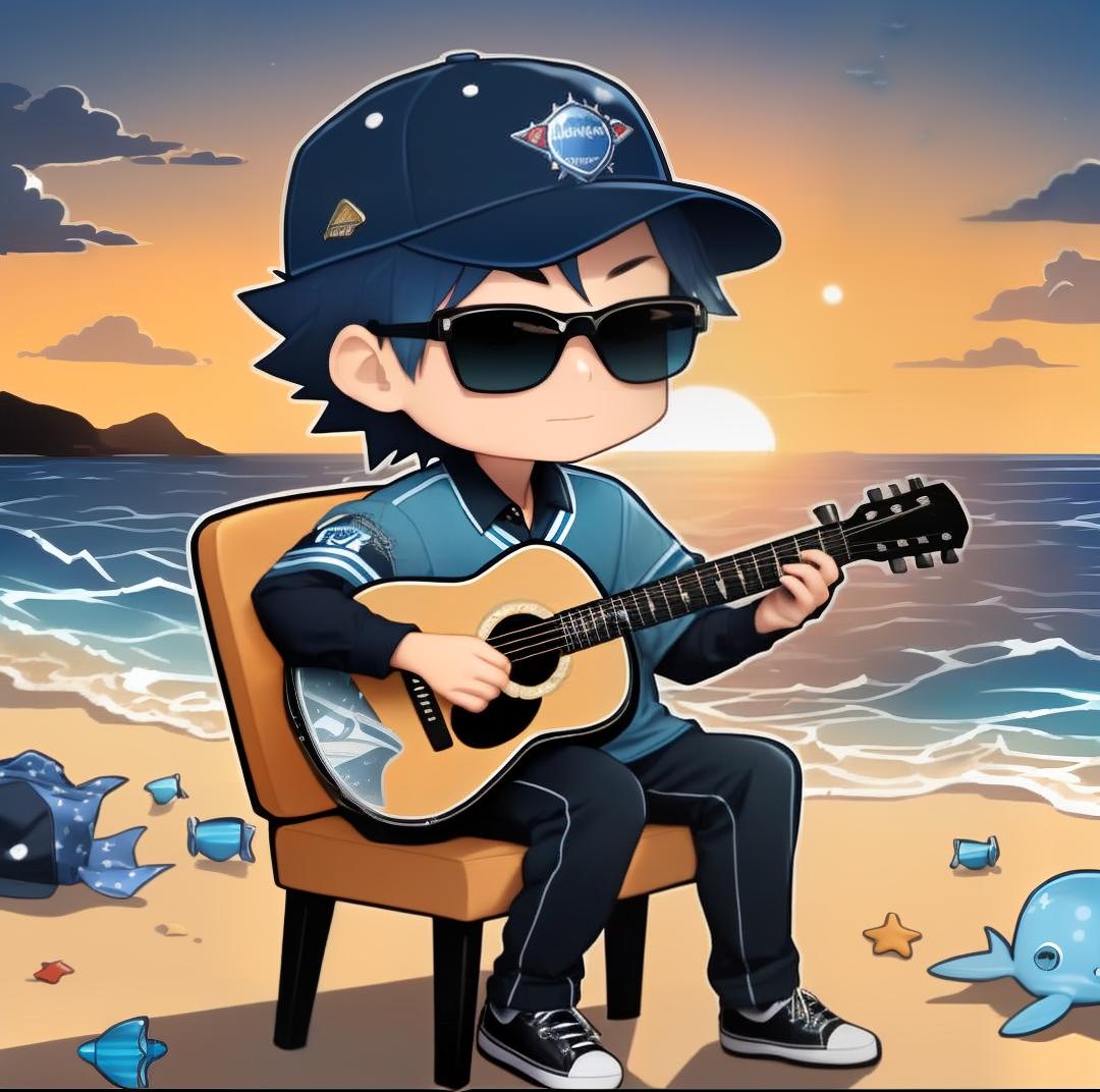  A 17-year old male musician with short spiky dark blue hair, silver blue eyes, and sunglasses wearing a dark blue collared Atlantean underwater print baseball pitcher jersey, matching black pants and shoes, and a matching hat playing an acoustic guitar sitting down in a chair by the ocean at sunset. Chibi style., ((best quality)), ((masterpiece)), highly detailed, absurdres, HDR 4K, 8K