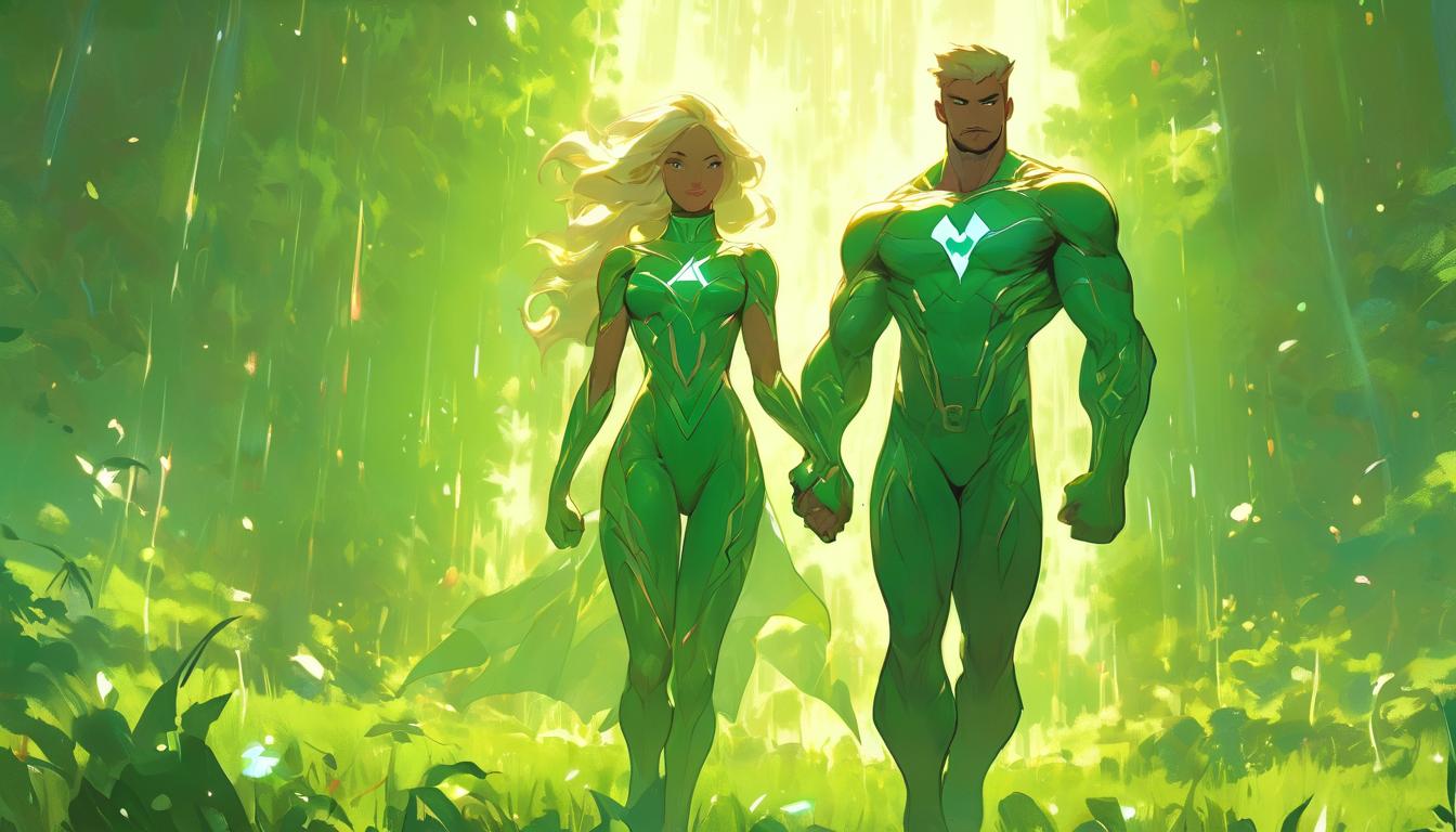  hyperrealism,fantasy aesthetic1man1woman, attractive blonde arian male humanoid and large busted brunette arian female humanoid, holding hands, standing in a lush green field, emanating a harmonious and energizing aura, high tech clothing clad in sleek, futuristic costume with metallic accents and form fitting designs, marvel superhero comics style, unreal engine rendering