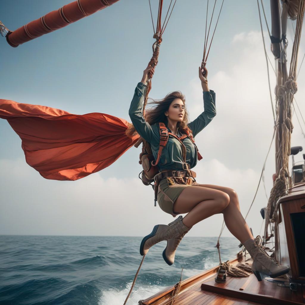  The girl is flying on a parachute tied to a boat at sea. One of the girl's legs is in a cast. hyperrealistic, full body, detailed clothing, highly detailed, cinematic lighting, stunningly beautiful, intricate, sharp focus, f/1. 8, 85mm, (centered image composition), (professionally color graded), ((bright soft diffused light)), volumetric fog, trending on instagram, trending on tumblr, HDR 4K, 8K