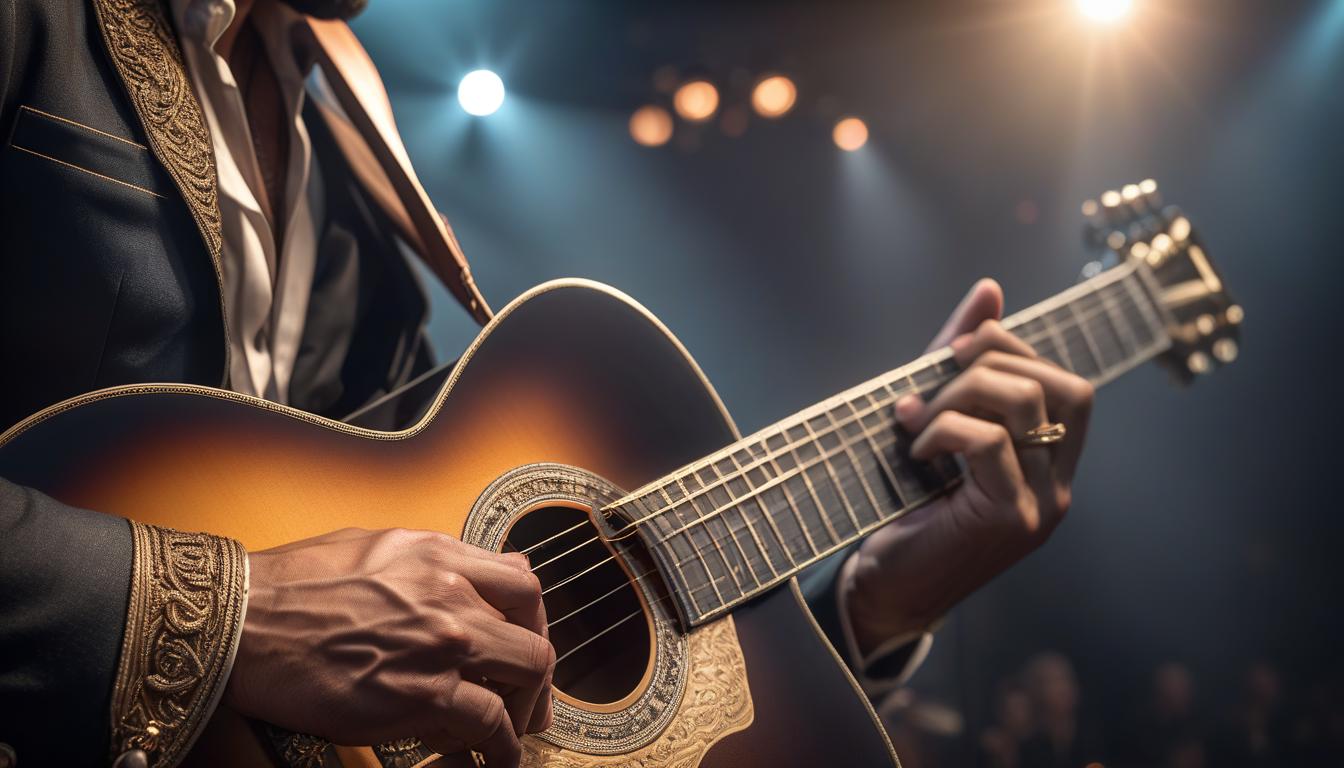  hands on guitar string close up hyperrealistic, full body, detailed clothing, highly detailed, cinematic lighting, stunningly beautiful, intricate, sharp focus, f/1. 8, 85mm, (centered image composition), (professionally color graded), ((bright soft diffused light)), volumetric fog, trending on instagram, trending on tumblr, HDR 4K, 8K