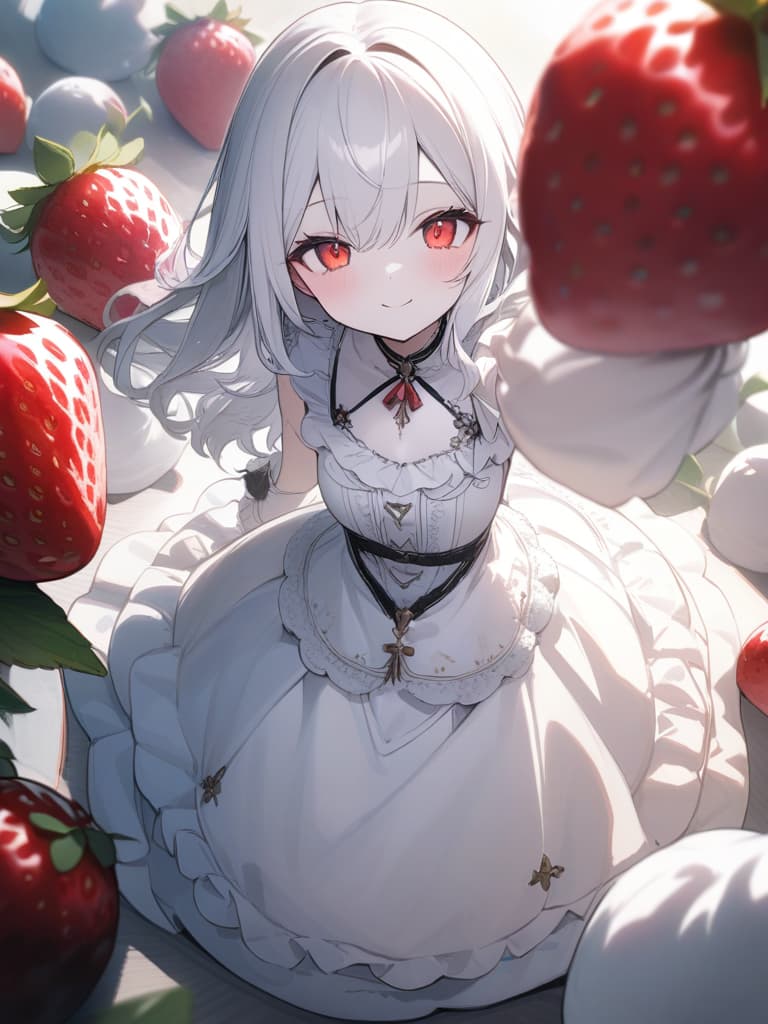  Cute, girl, big eyes, white skin, thin body, pure white hair color, bright red eyes, fluffy hair, exposure, strawberry, smiles, red and white clothes, dresses, frill dresses., masterpiece, best quality,8k,ultra detailed,high resolution,an extremely delicate and beautiful,hyper detail