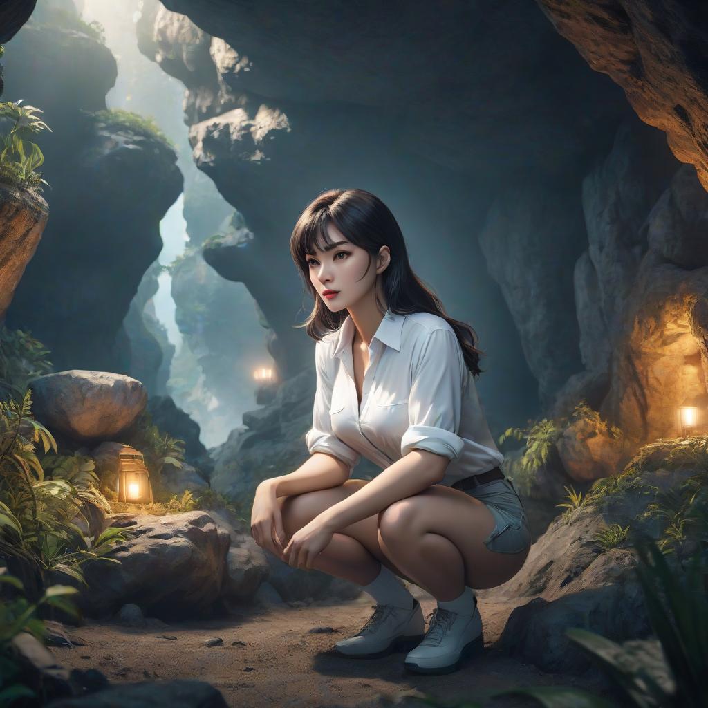  In comic style , a woman in a white shirt squats and makes a small cave map for the island hyperrealistic, full body, detailed clothing, highly detailed, cinematic lighting, stunningly beautiful, intricate, sharp focus, f/1. 8, 85mm, (centered image composition), (professionally color graded), ((bright soft diffused light)), volumetric fog, trending on instagram, trending on tumblr, HDR 4K, 8K