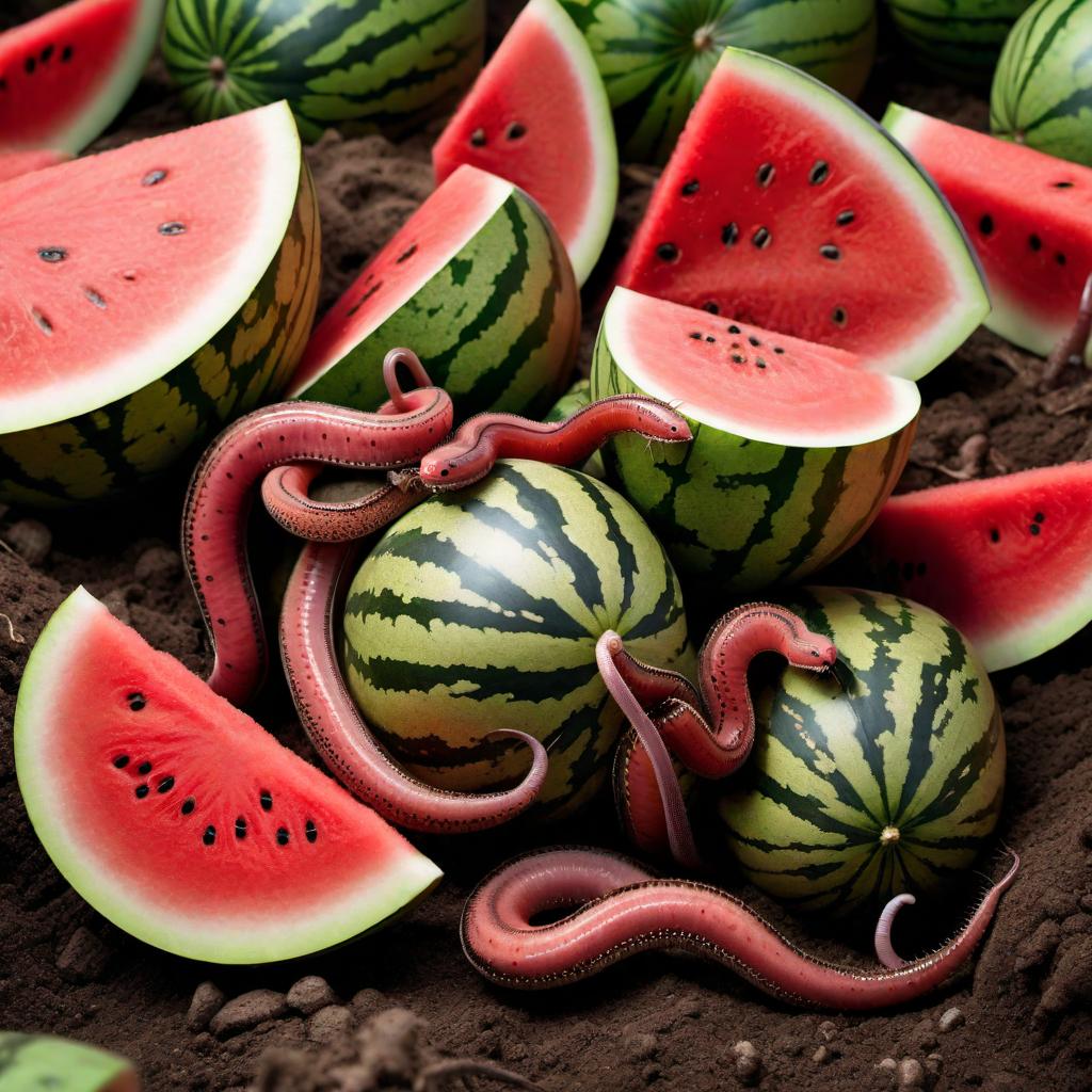  earthworms eating watermelon in a compost pile, realistic, detailed, natural setting, soil, and organic matter hyperrealistic, full body, detailed clothing, highly detailed, cinematic lighting, stunningly beautiful, intricate, sharp focus, f/1. 8, 85mm, (centered image composition), (professionally color graded), ((bright soft diffused light)), volumetric fog, trending on instagram, trending on tumblr, HDR 4K, 8K