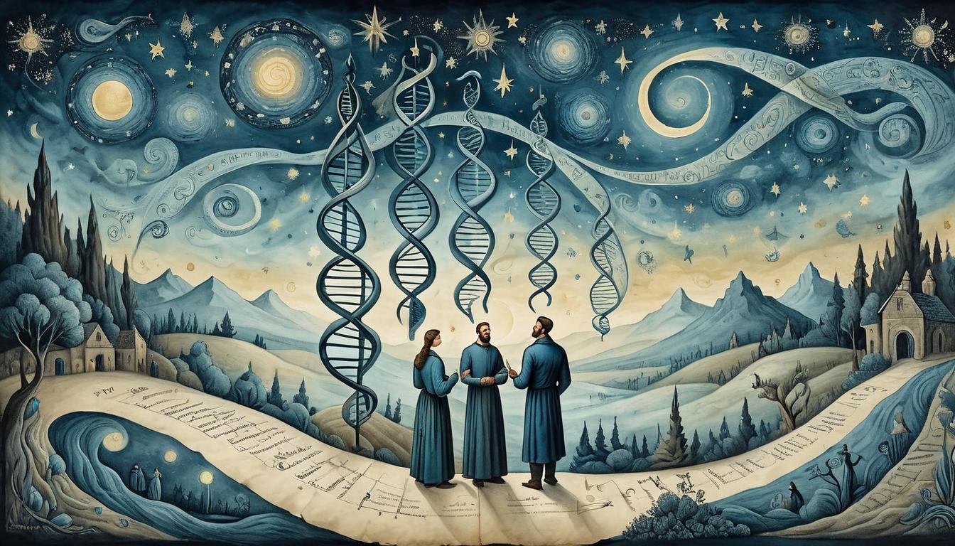  on parchment, surrealism+++, Figures taking measures, illuminated DNA strands, starry night backdrop, sense of proactive influence, health improvement(mysterious, provocative, symbolic,muted color)+++