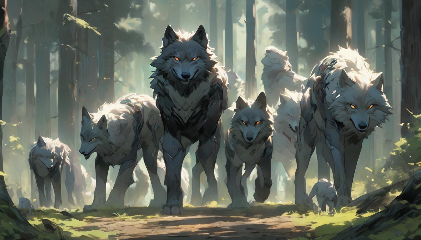  hyperrealism,fantasy aestheticA wolf walking with a few other trusted wolves, harmony in their steps, background of varied forest layers with detailed textures, support, elevation, high tech clothing clad in sleek, futuristic costume with metallic accents and form fitting designs, marvel superhero comics style, unreal engine rendering