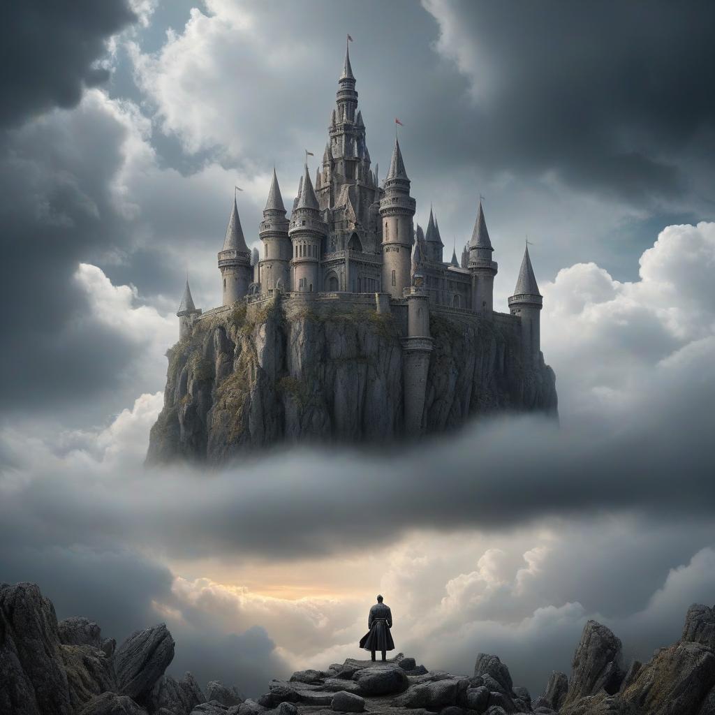  sky castle surrounded by gray clouds, inside a man angel in shackles, emphasis on the sky castle, gloomy atmosphere, feeling of loneliness hyperrealistic, full body, detailed clothing, highly detailed, cinematic lighting, stunningly beautiful, intricate, sharp focus, f/1. 8, 85mm, (centered image composition), (professionally color graded), ((bright soft diffused light)), volumetric fog, trending on instagram, trending on tumblr, HDR 4K, 8K