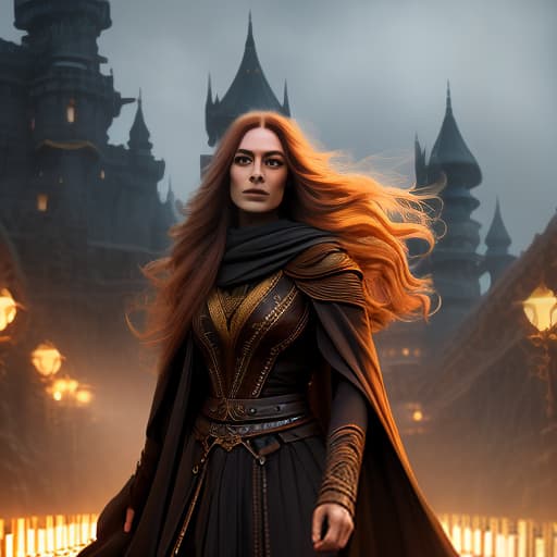  The drow girl is facing the dark castle, she has long reddish hair, and in her right hand she holds a golden pointed braid. She is dressed in a dark monastic robe, simple, clean, elegant, by Michael Kenna, Hiroshi Sugimoto, Fan Ho, Harry Callahan, Saul Leiter hyperrealistic, full body, detailed clothing, highly detailed, cinematic lighting, stunningly beautiful, intricate, sharp focus, f/1. 8, 85mm, (centered image composition), (professionally color graded), ((bright soft diffused light)), volumetric fog, trending on instagram, trending on tumblr, HDR 4K, 8K