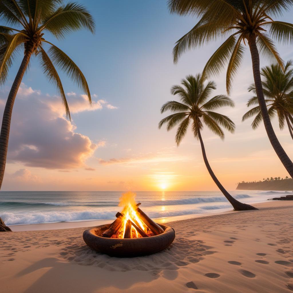  A serene beach scene in Bali during sunset, with soft golden sands, gentle waves, palm trees swaying slightly in the breeze, a cozy bonfire in the foreground, and the words 'Dreams do come true if you believe' elegantly written in the sky in soft, flowing script. hyperrealistic, full body, detailed clothing, highly detailed, cinematic lighting, stunningly beautiful, intricate, sharp focus, f/1. 8, 85mm, (centered image composition), (professionally color graded), ((bright soft diffused light)), volumetric fog, trending on instagram, trending on tumblr, HDR 4K, 8K