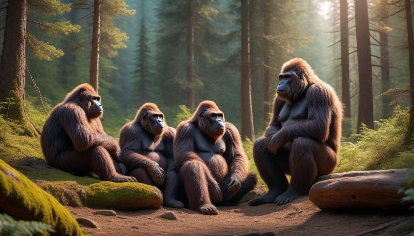  A cute family of bigfoots in the forest are resting in a den. Republic of Udmurtia, summer, high quality, high detail, random angle, 1024K. hyperrealistic, full body, detailed clothing, highly detailed, cinematic lighting, stunningly beautiful, intricate, sharp focus, f/1. 8, 85mm, (centered image composition), (professionally color graded), ((bright soft diffused light)), volumetric fog, trending on instagram, trending on tumblr, HDR 4K, 8K