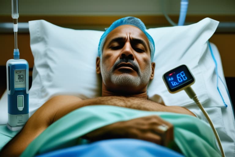  "Close up of a middle aged male, looking visibly fatigued and pained, sitting on a hospital bed. His face shows signs of distress, with dark circles under his eyes and a slightly gaunt appearance. An IV drip is attached to his arm, and a medical monitor is visible in the background, displaying vital signs. The hospital room is softly lit, with a neutral color palette to emphasize the seriousness of the situation. The focus is on the man's expression and the medical equipment, highlighting the gravity of stage 4 kidney cancer symptoms. The image is detailed, realistic, and emotionally evocative."Ensure no face,leg,hand or eye defomities.Ensure all images are clear, detailed, contains no text and no deformities. realistic, highly detailed, ph hyperrealistic, full body, detailed clothing, highly detailed, cinematic lighting, stunningly beautiful, intricate, sharp focus, f/1. 8, 85mm, (centered image composition), (professionally color graded), ((bright soft diffused light)), volumetric fog, trending on instagram, trending on tumblr, HDR 4K, 8K