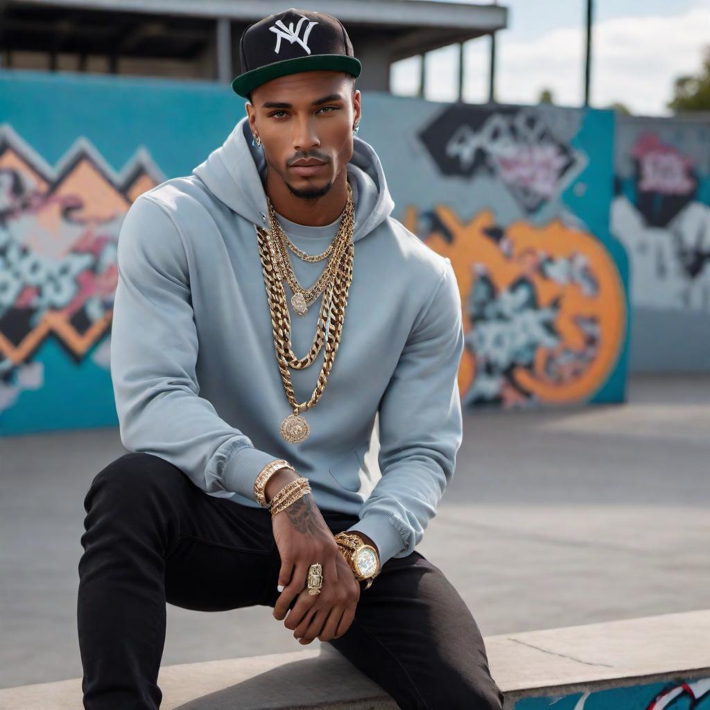  A male model at a skatepark wearing high-end diamond jewelry. The model is stylishly dressed in trendy streetwear fashion, with chains, rings, and a diamond-encrusted watch clearly visible. The skatepark has ramps, graffiti, and a chill urban vibe. hyperrealistic, full body, detailed clothing, highly detailed, cinematic lighting, stunningly beautiful, intricate, sharp focus, f/1. 8, 85mm, (centered image composition), (professionally color graded), ((bright soft diffused light)), volumetric fog, trending on instagram, trending on tumblr, HDR 4K, 8K