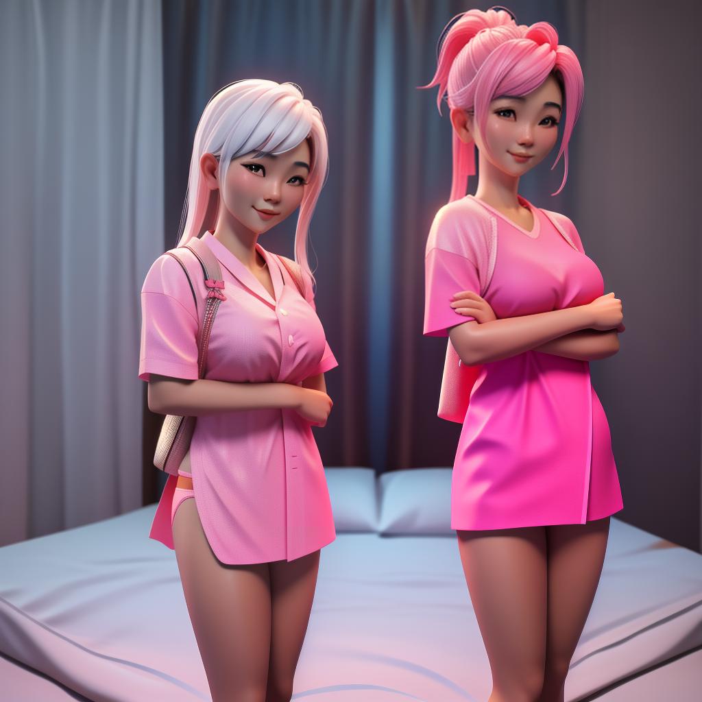  3D render of a Thai love couple taking clothes off but underwear to prepare to have sex on the bed, realistic sex, white+pink color scheme