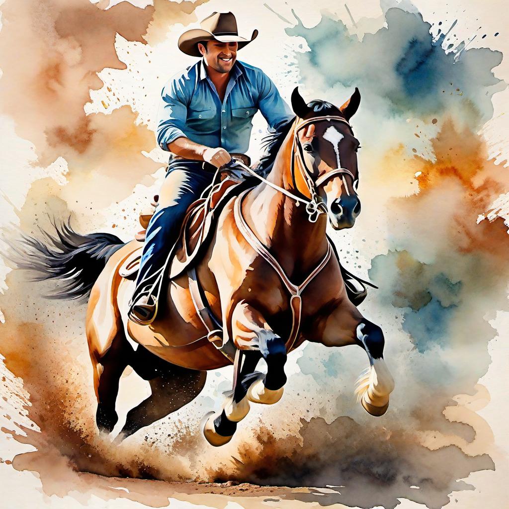  Create a watercolor painting of a man ridding a bucking horse at a rodeo. The background features soft, watercolor style splashes in earthy tones, giving the image an artistic and dreamy feel. Ensure the overall image has a delicate watercolor effect.