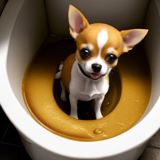  Chihuahua zombie, toilet seat, feces, yellow puddle, specter.