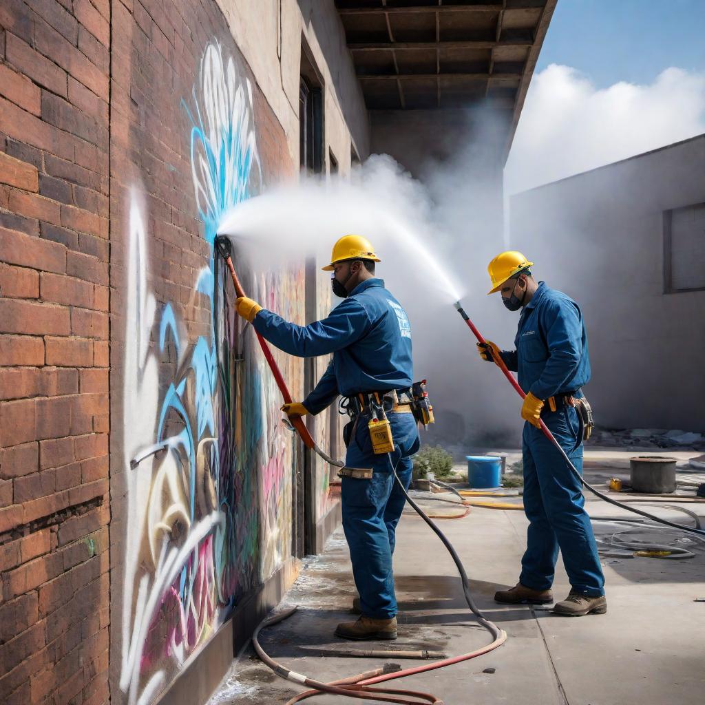  Create an image of a professional graffiti removal crew working on a commercial building. The crew members are wearing uniforms and using specialized equipment to clean the graffiti off the building. The commercial building is large and prominently displays the before and after effect of the graffiti removal service. hyperrealistic, full body, detailed clothing, highly detailed, cinematic lighting, stunningly beautiful, intricate, sharp focus, f/1. 8, 85mm, (centered image composition), (professionally color graded), ((bright soft diffused light)), volumetric fog, trending on instagram, trending on tumblr, HDR 4K, 8K