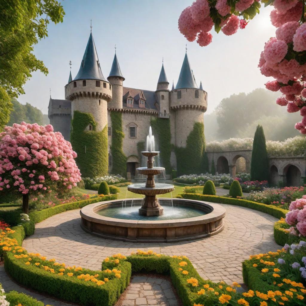  Revisualize a medieval castle surrounded by a beautiful flower garden with a majestic fountain in the center, exuding a sense of tranquility and elegance. hyperrealistic, full body, detailed clothing, highly detailed, cinematic lighting, stunningly beautiful, intricate, sharp focus, f/1. 8, 85mm, (centered image composition), (professionally color graded), ((bright soft diffused light)), volumetric fog, trending on instagram, trending on tumblr, HDR 4K, 8K