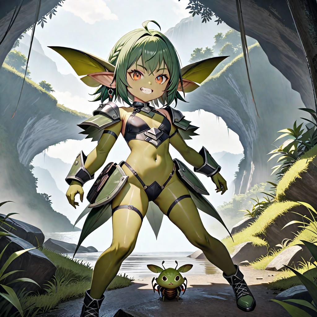  A small, green skinned creature with large, pointed ears and sharp, cunning eyes. It has a lithe build, with elongated limbs that help it to move quickly and nimbly. The goblin's clothing is made of forest materials, blending seamlessly into the natural environment. Its face carries an unnervingly sly grin, revealing a set of jagged, uneven teeth., The character is small and medium sized, with naturalistic animal and insect features and an unintimidating look with dull tones and old equipment., 8K