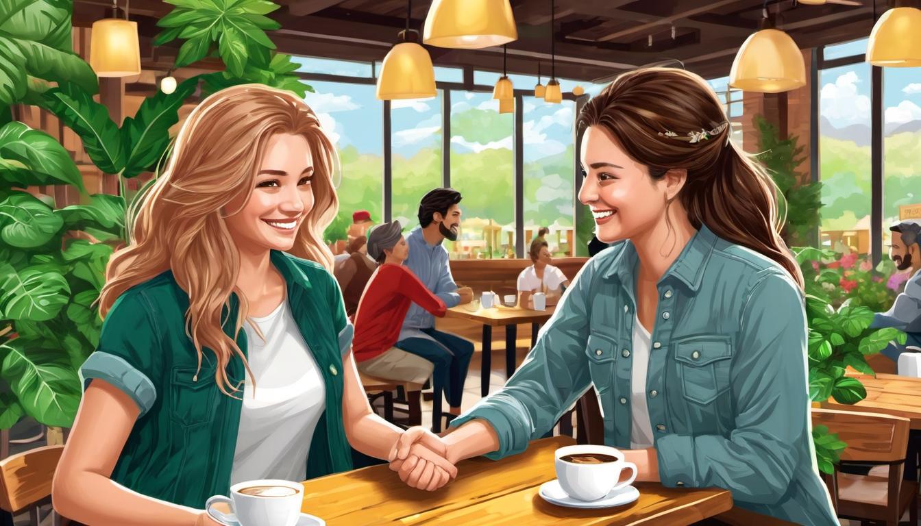  digital illustration, 2women, shaking hands, friendly smiles, indoor setting, cozy coffee shop with wooden tables and green plants, casual outfits, background shows other patrons engaged in conversation, camaraderie, mutual respect, connection, looking at viewer, dynamic pose, (intricate details, masterpiece, best quality)