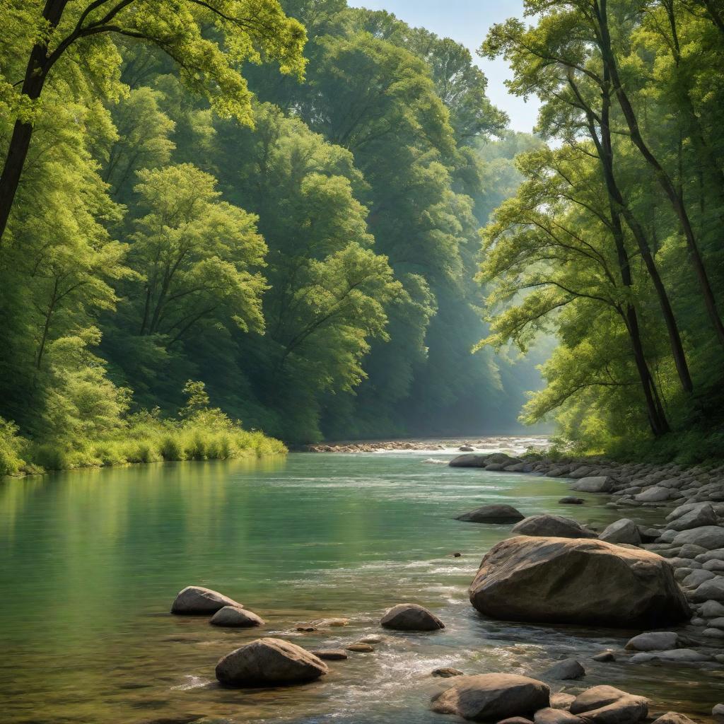  A scenic view of the Tippecanoe River in Indiana with lush greenery along the banks and a clear blue sky above. hyperrealistic, full body, detailed clothing, highly detailed, cinematic lighting, stunningly beautiful, intricate, sharp focus, f/1. 8, 85mm, (centered image composition), (professionally color graded), ((bright soft diffused light)), volumetric fog, trending on instagram, trending on tumblr, HDR 4K, 8K