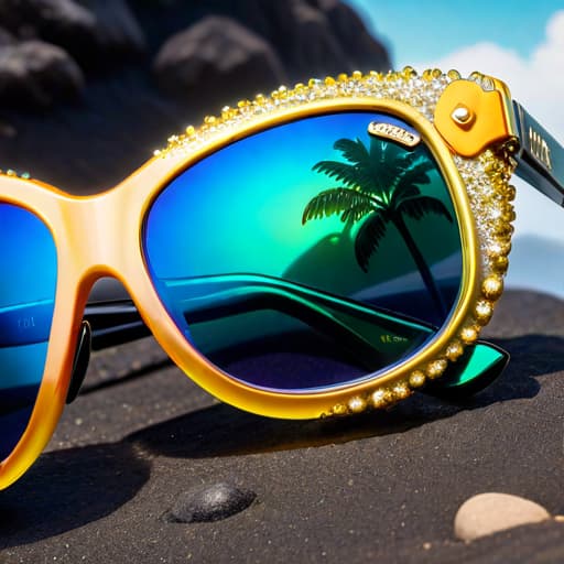  Subject detail: the image depicts a Highly detailed pair of sunglasses with vintage styling, The sunglasses are made from a combination of glitter, metallic, coloured acetate. Art style: in the mixed art style of Irregular Choice, and Osamu Tezuka. Medium: This artwork is highly detailed and photorealistic. hyperrealistic, full body, detailed clothing, highly detailed, cinematic lighting, stunningly beautiful, intricate, sharp focus, f/1. 8, 85mm, (centered image composition), (professionally color graded), ((bright soft diffused light)), volumetric fog, trending on instagram, trending on tumblr, HDR 4K, 8K