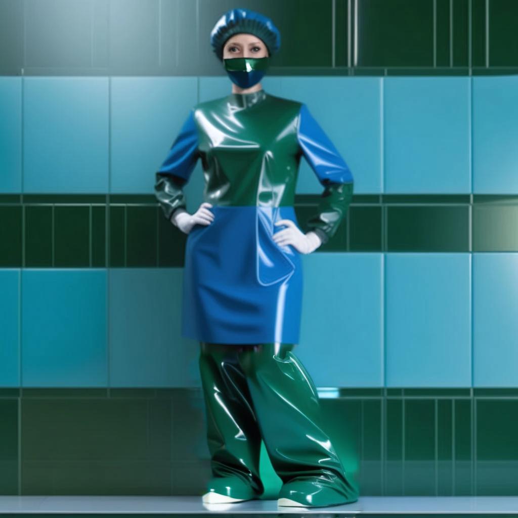  woman surgeon, glossy latex two colors, standing, operating room shoes, matching, high surgical shoe covers, knee high, with ribbon ties, the lower half from sole to ankle, from glossy latex dark green, the upper half from ankle to knee, from glossy latex dark blue, flat soled, without heels, front view, full face, full length hyperrealistic, full body, detailed clothing, highly detailed, cinematic lighting, stunningly beautiful, intricate, sharp focus, f/1. 8, 85mm, (centered image composition), (professionally color graded), ((bright soft diffused light)), volumetric fog, trending on instagram, trending on tumblr, HDR 4K, 8K