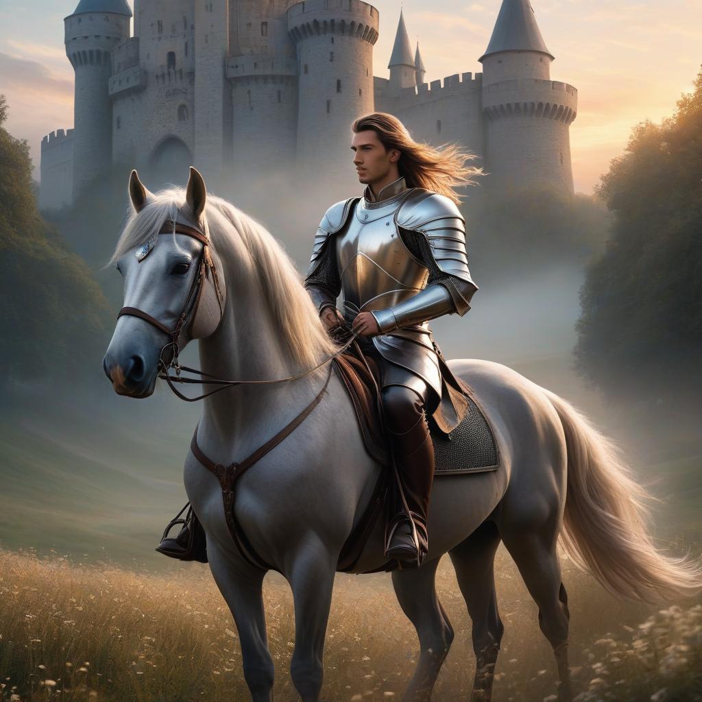  ethereal fantasy concept art of Middle Ages, young brown haired young rider in leather armor rides a large horse of gray color, gray horse with a white mane, full length, in the distance you can see the castle, the time is evening, sunset . magnificent, celestial, ethereal, painterly, epic, majestic, magical, fantasy art, cover art, dreamy hyperrealistic, full body, detailed clothing, highly detailed, cinematic lighting, stunningly beautiful, intricate, sharp focus, f/1. 8, 85mm, (centered image composition), (professionally color graded), ((bright soft diffused light)), volumetric fog, trending on instagram, trending on tumblr, HDR 4K, 8K