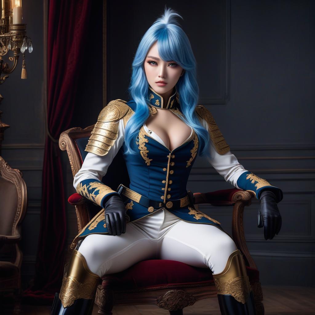  Girl, European, female cuirassier, shot from below, ((full body)), ((foot focus)), feet, blue hair, ((horse tail)), bright yellow eyes, glowing eyes, hourglass figure, fully clothed, military uniform, (19th century ceremonial uniform), (cuirass), white clothes, white cloak, ((white leggings )), riding pants, black boots, over the knee boots, thigh high boots, tight boots, belt, choker, awards, (((sitting in a chair))), looking at viewer, (extremely hyper detailed face), (masterpiece : 1.4), (perfect eyes: 1.1), (perfect hands), 2D, anime, extremely detailed clothes. hyperrealistic, full body, detailed clothing, highly detailed, cinematic lighting, stunningly beautiful, intricate, sharp focus, f/1. 8, 85mm, (centered image composition), (professionally color graded), ((bright soft diffused light)), volumetric fog, trending on instagram, trending on tumblr, HDR 4K, 8K