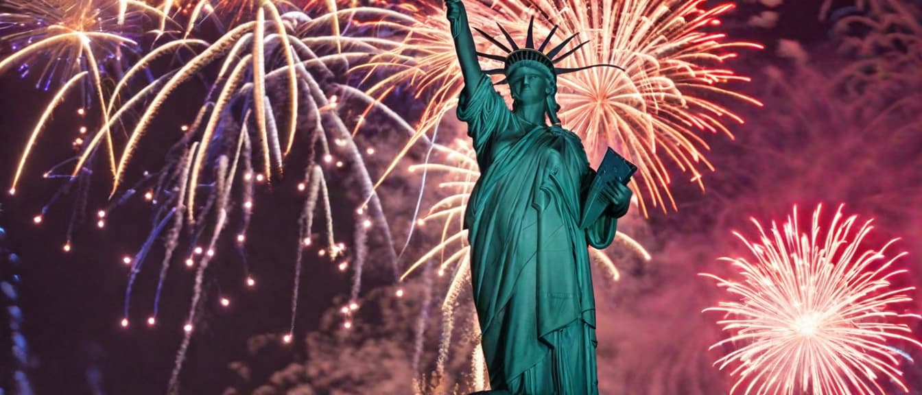  Macro Photography, Statue of Liberty with American flag in the background, USA, Statue of Liberty and fireworks on the background of the American flag,, close up, macro 100mm, macro photography