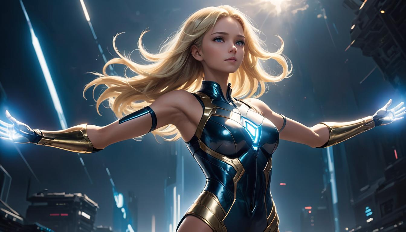  1girl, large busted attractive blonde arian female humanoid, arms raised in confidence, powerful light emanating, celestial background, high tech clothing clad in sleek, futuristic costume with metallic accents and form fitting designs, marvel superhero comics style, unreal engine rendering