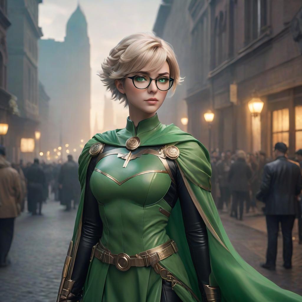  The goddess of justice and order and rigor. Short light hair, green eyes, glasses. hyperrealistic, full body, detailed clothing, highly detailed, cinematic lighting, stunningly beautiful, intricate, sharp focus, f/1. 8, 85mm, (centered image composition), (professionally color graded), ((bright soft diffused light)), volumetric fog, trending on instagram, trending on tumblr, HDR 4K, 8K