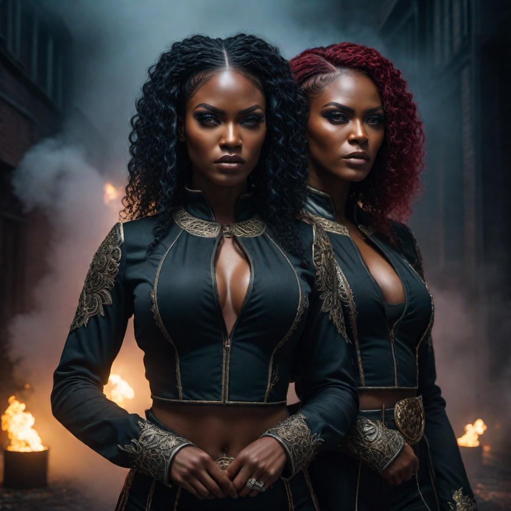  Angry black female twins in fantasy lofi style, holding intense expressions, with a dark, moody and atmospheric background, vibrant colors, and intricate details. hyperrealistic, full body, detailed clothing, highly detailed, cinematic lighting, stunningly beautiful, intricate, sharp focus, f/1. 8, 85mm, (centered image composition), (professionally color graded), ((bright soft diffused light)), volumetric fog, trending on instagram, trending on tumblr, HDR 4K, 8K