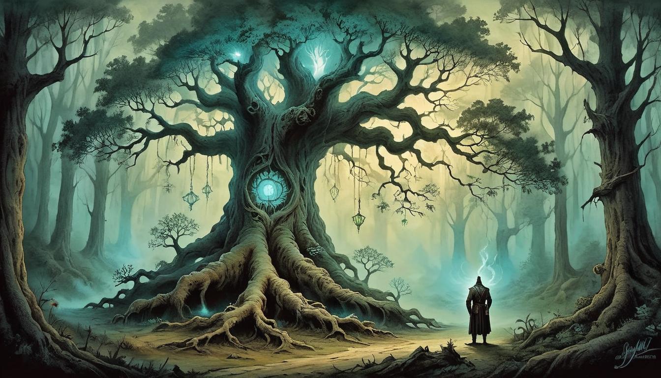  on parchment, surrealism+++, Ancient tree with deep roots glowing faintly in an isolated forest, towering, timeless, sacred(mysterious, provocative, symbolic,muted color)+++