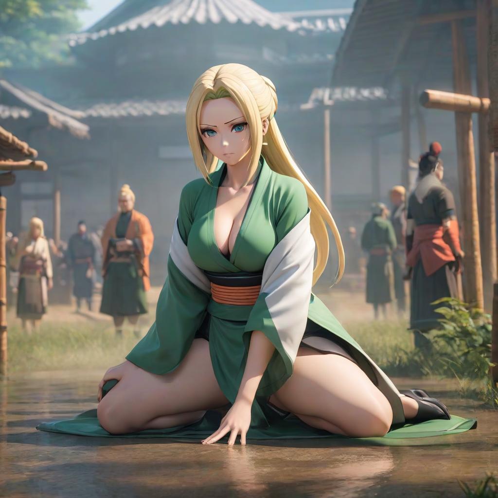  tsunade hyperrealistic, full body, detailed clothing, highly detailed, cinematic lighting, stunningly beautiful, intricate, sharp focus, f/1. 8, 85mm, (centered image composition), (professionally color graded), ((bright soft diffused light)), volumetric fog, trending on instagram, trending on tumblr, HDR 4K, 8K