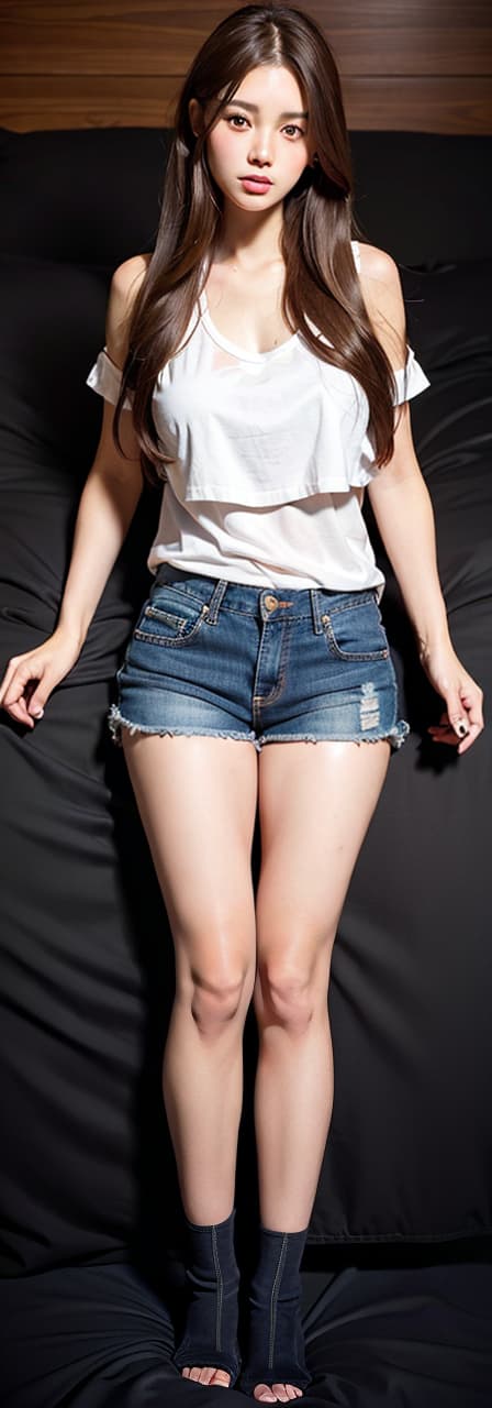  Girls with brown hair, smiles, long hair, red, denim shorts, beautiful legs, back, lower body, sleep in bed, (Masterpiece, BestQuality:1.3), (ultra detailed:1.2), (hyperrealistic:1.3), (RAW photo:1.2),High detail RAW color photo, professional photograph, (Photorealistic:1.4), (realistic:1.4), ,professional lighting, (japanese), beautiful face, (realistic face)