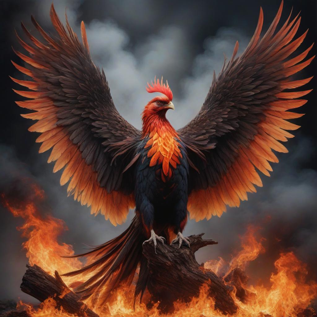  gothic style Slavic painting mixed with modern painting, Phoenix, Burning Bird, Fire Feathers, Feathers in Fire. Hyperrealism, masterpiece, epic plot. . dark, mysterious, haunting, dramatic, ornate, detailed hyperrealistic, full body, detailed clothing, highly detailed, cinematic lighting, stunningly beautiful, intricate, sharp focus, f/1. 8, 85mm, (centered image composition), (professionally color graded), ((bright soft diffused light)), volumetric fog, trending on instagram, trending on tumblr, HDR 4K, 8K