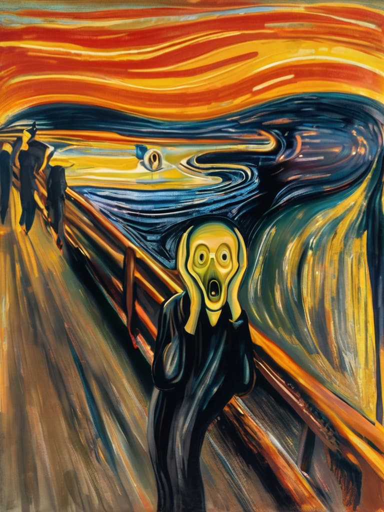  The Scream by Munch hyperrealistic, full body, detailed clothing, highly detailed, cinematic lighting, stunningly beautiful, intricate, sharp focus, f/1. 8, 85mm, (centered image composition), (professionally color graded), ((bright soft diffused light)), volumetric fog, trending on instagram, trending on tumblr, HDR 4K, 8K