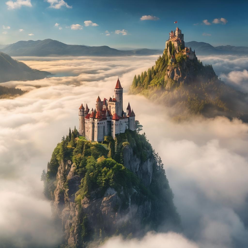  Castle in the sky with floating rock mountains hyperrealistic, full body, detailed clothing, highly detailed, cinematic lighting, stunningly beautiful, intricate, sharp focus, f/1. 8, 85mm, (centered image composition), (professionally color graded), ((bright soft diffused light)), volumetric fog, trending on instagram, trending on tumblr, HDR 4K, 8K