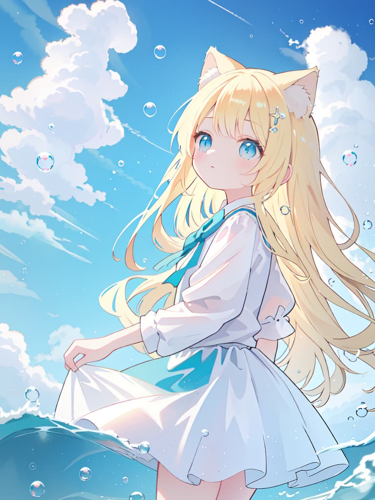  Blond, girl, soap bubbles, skirts, cat ears, sea, sky, long hair, looking up, emo, masterpiece, best quality,8k,ultra detailed,high resolution,an extremely delicate and beautiful,hyper detail