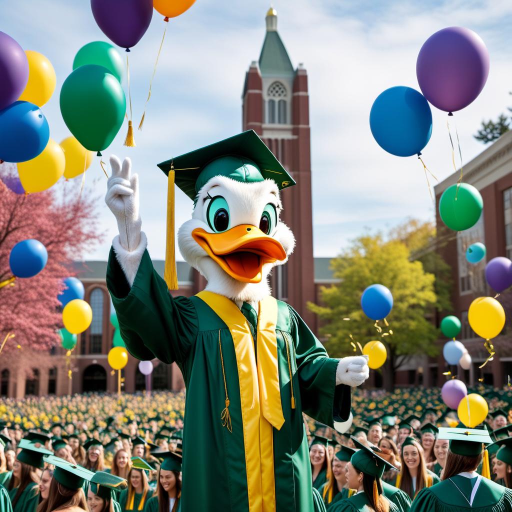  A festive scene featuring the Oregon Duck mascot in a graduation cap and gown. The setting takes place on the University of Oregon campus, surrounded by proud graduates in caps and gowns. Include iconic university buildings in the background, with colorful balloons, confetti in the air, and a joyous atmosphere. hyperrealistic, full body, detailed clothing, highly detailed, cinematic lighting, stunningly beautiful, intricate, sharp focus, f/1. 8, 85mm, (centered image composition), (professionally color graded), ((bright soft diffused light)), volumetric fog, trending on instagram, trending on tumblr, HDR 4K, 8K