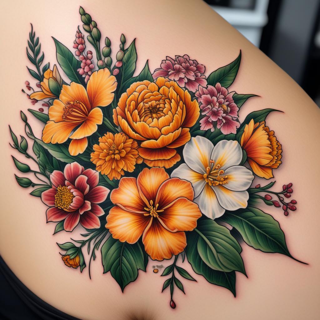  A tattoo design featuring October, January, March, and December birth flowers to represent the grandchild's birth months. The design should include marigold for October, carnation for January, daffodil for March, and holly for December. The flowers should be intricately intertwined in a delicate and meaningful way, symbolizing the connection between the grandparent and grandchild. hyperrealistic, full body, detailed clothing, highly detailed, cinematic lighting, stunningly beautiful, intricate, sharp focus, f/1. 8, 85mm, (centered image composition), (professionally color graded), ((bright soft diffused light)), volumetric fog, trending on instagram, trending on tumblr, HDR 4K, 8K